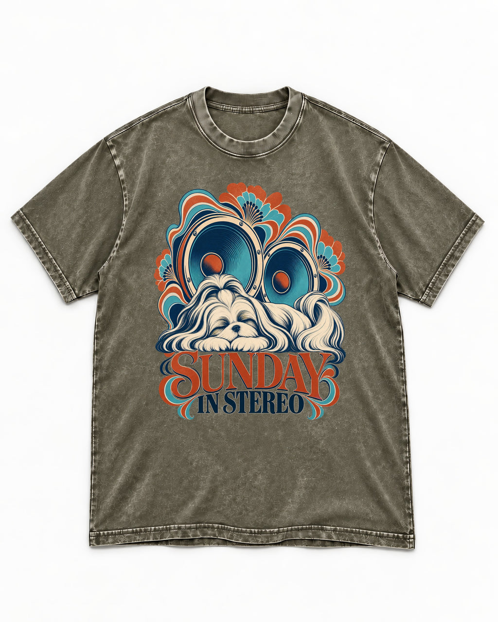 Shih Tzu Sunday in Stereo Retro Speaker Graphic Washed Tee in Army Green, flat lay product photo