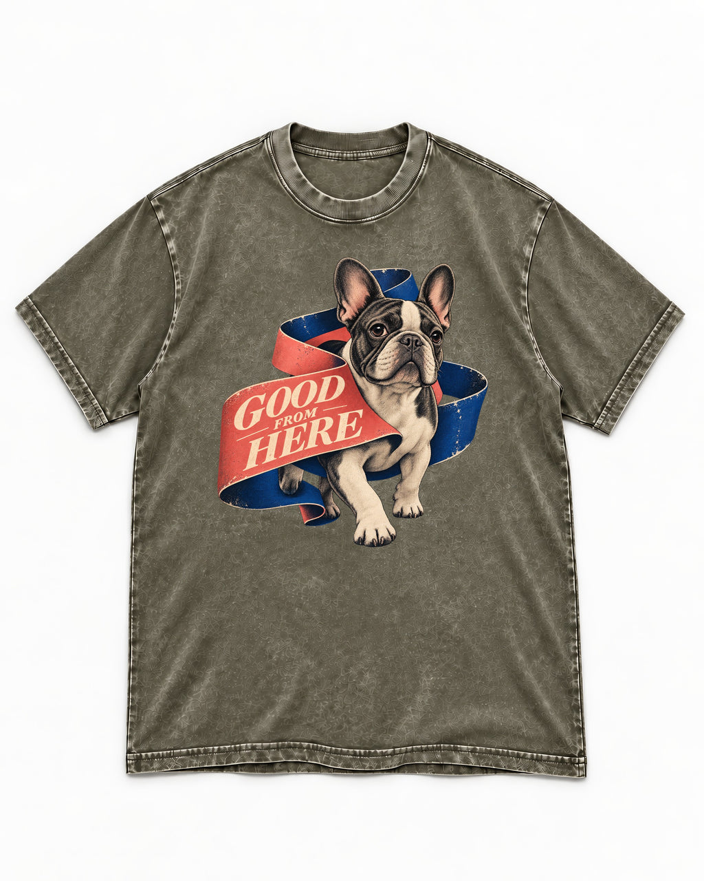Frenchie Good From Here Ribbon Graphic Washed Tee in Army Green, flat lay product photo