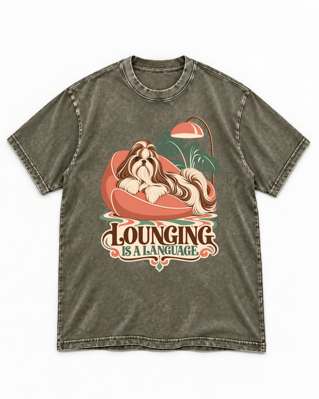 Shih Tzu Lounging Is a Language Retro Lounge Graphic Washed Tee in Army Green, flat lay product photo