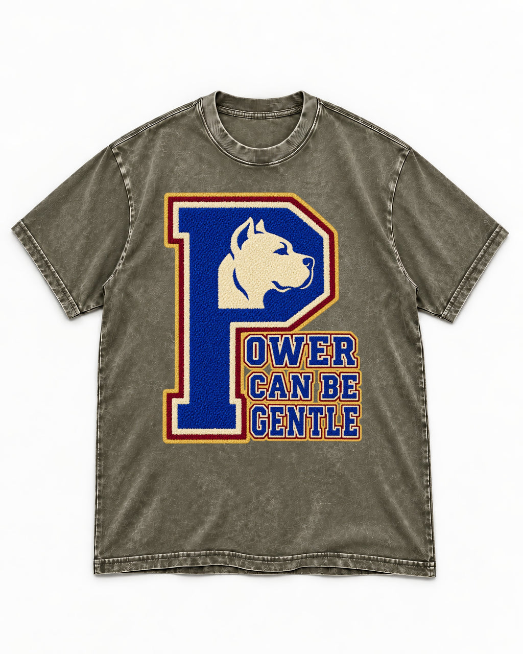 Pitbull Power Can Be Gentle Varsity Graphic Washed Tee in Army Green, flat lay product photo