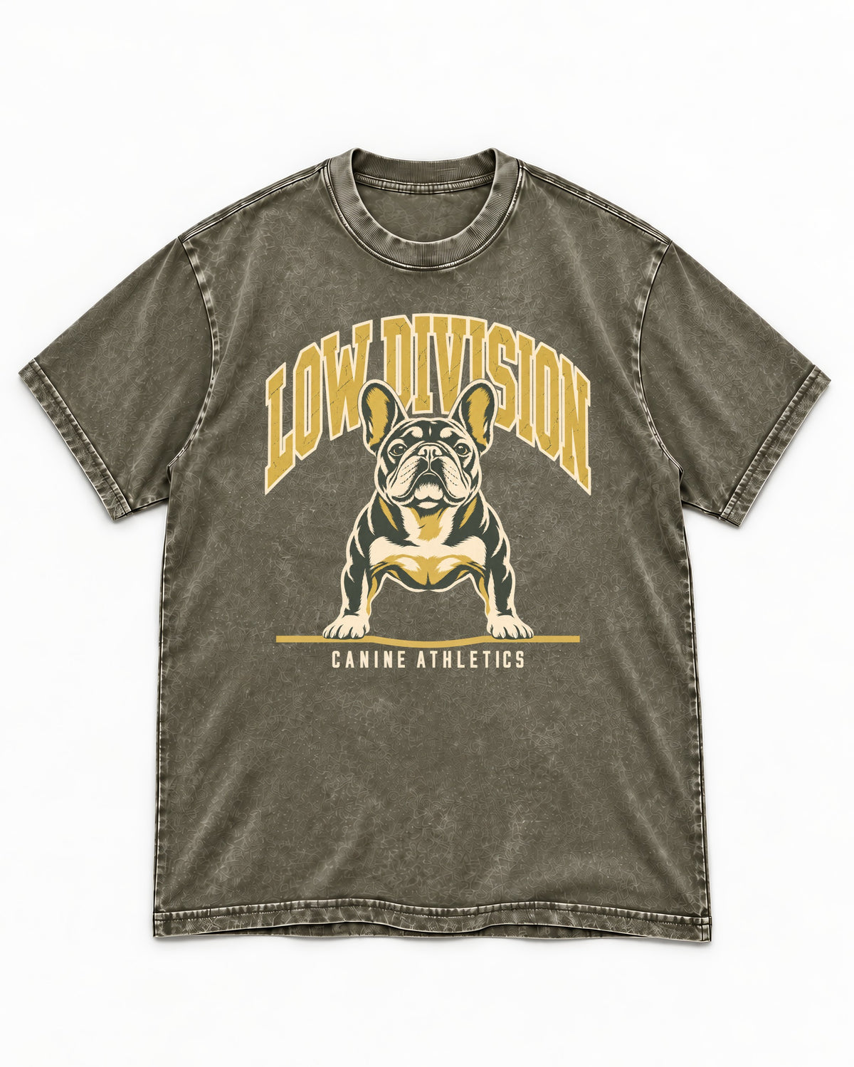 Frenchie Low Division Canine Athletics Graphic Washed Tee in Army Green, flat lay product photo
