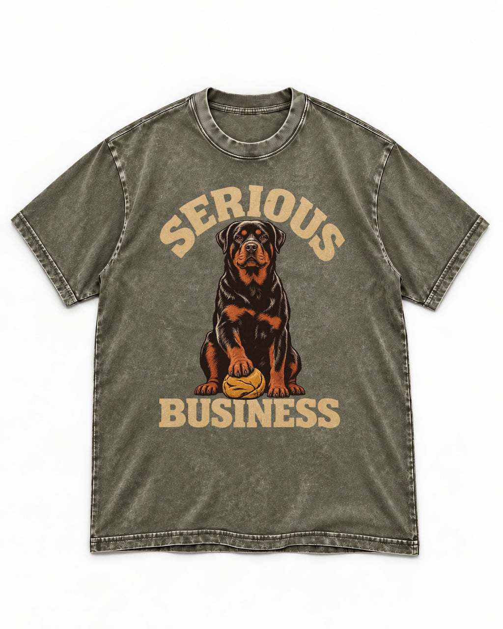Rottweiler Serious Business Ball Under Paw Graphic Washed Tee in Army Green, flat lay product photo