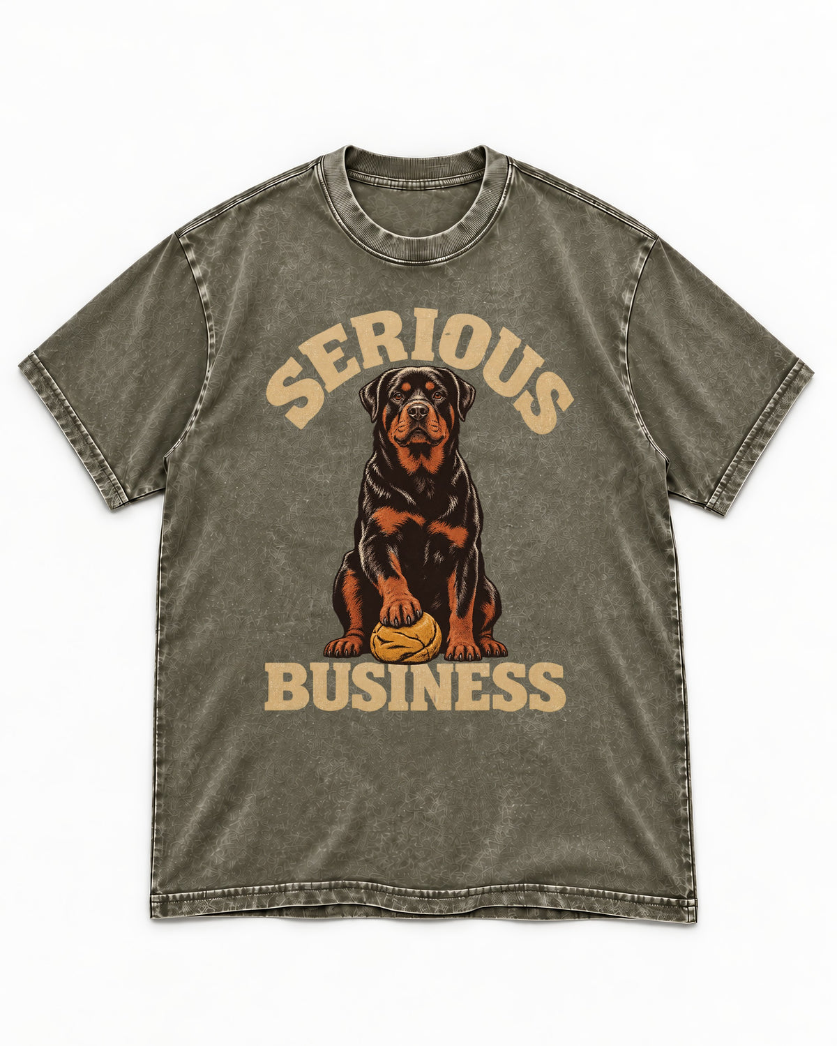 Rottweiler Serious Business Ball Under Paw Graphic Washed Tee in Army Green, flat lay product photo