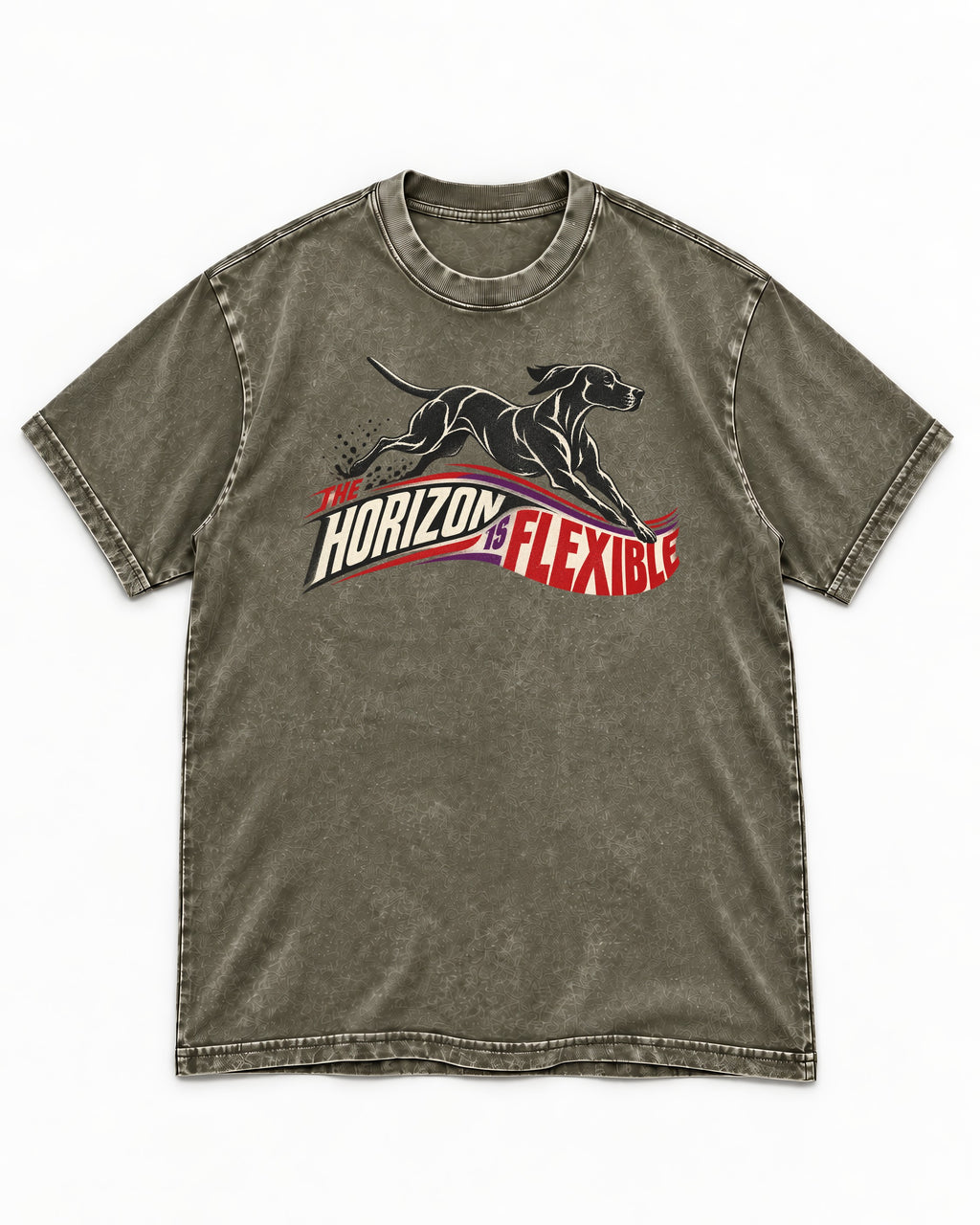 German Shorthaired Pointer The Horizon Is Flexible Racing Ribbon Graphic Washed Tee in Army Green, flat lay product photo
