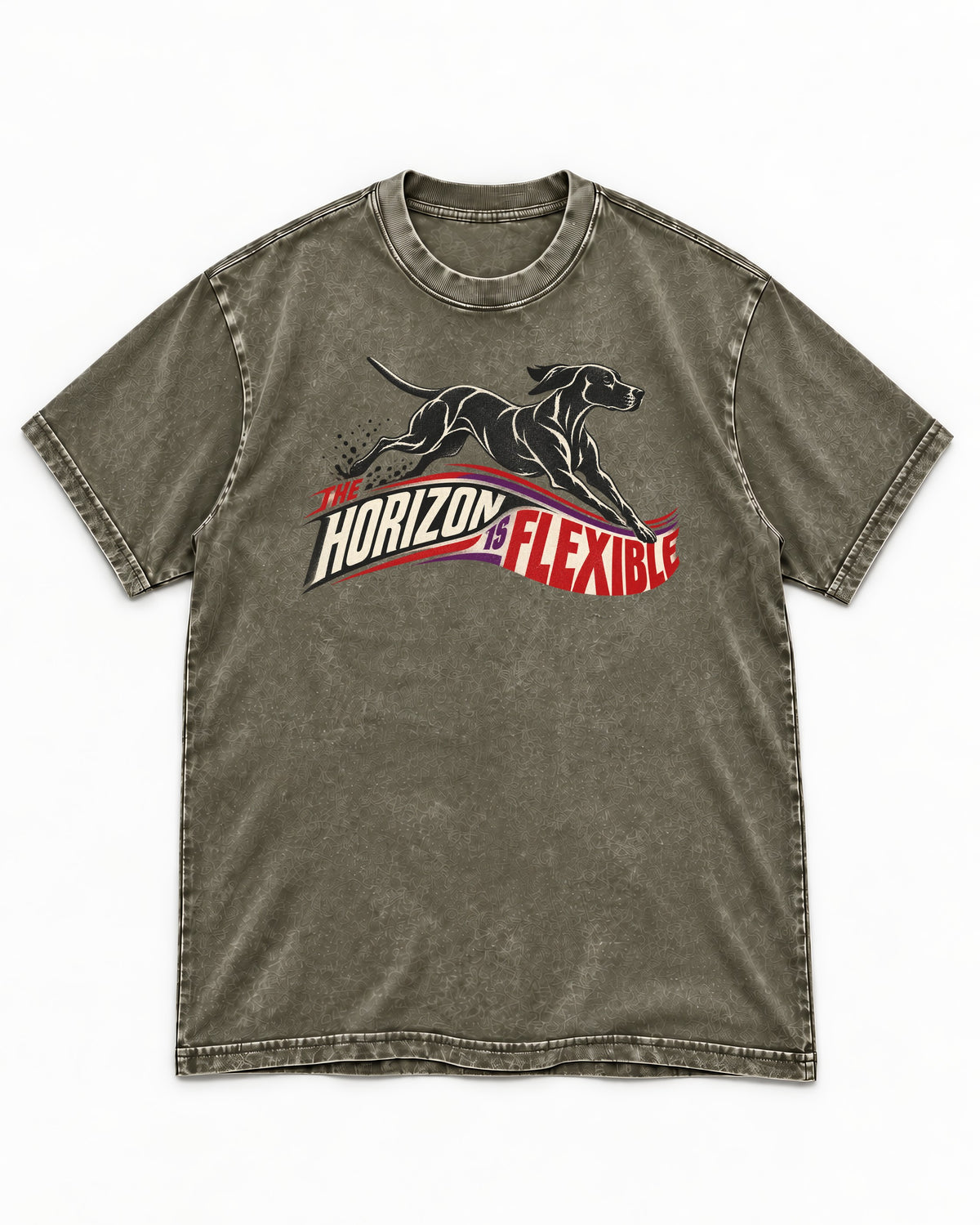 German Shorthaired Pointer The Horizon Is Flexible Racing Ribbon Graphic Washed Tee in Army Green, flat lay product photo