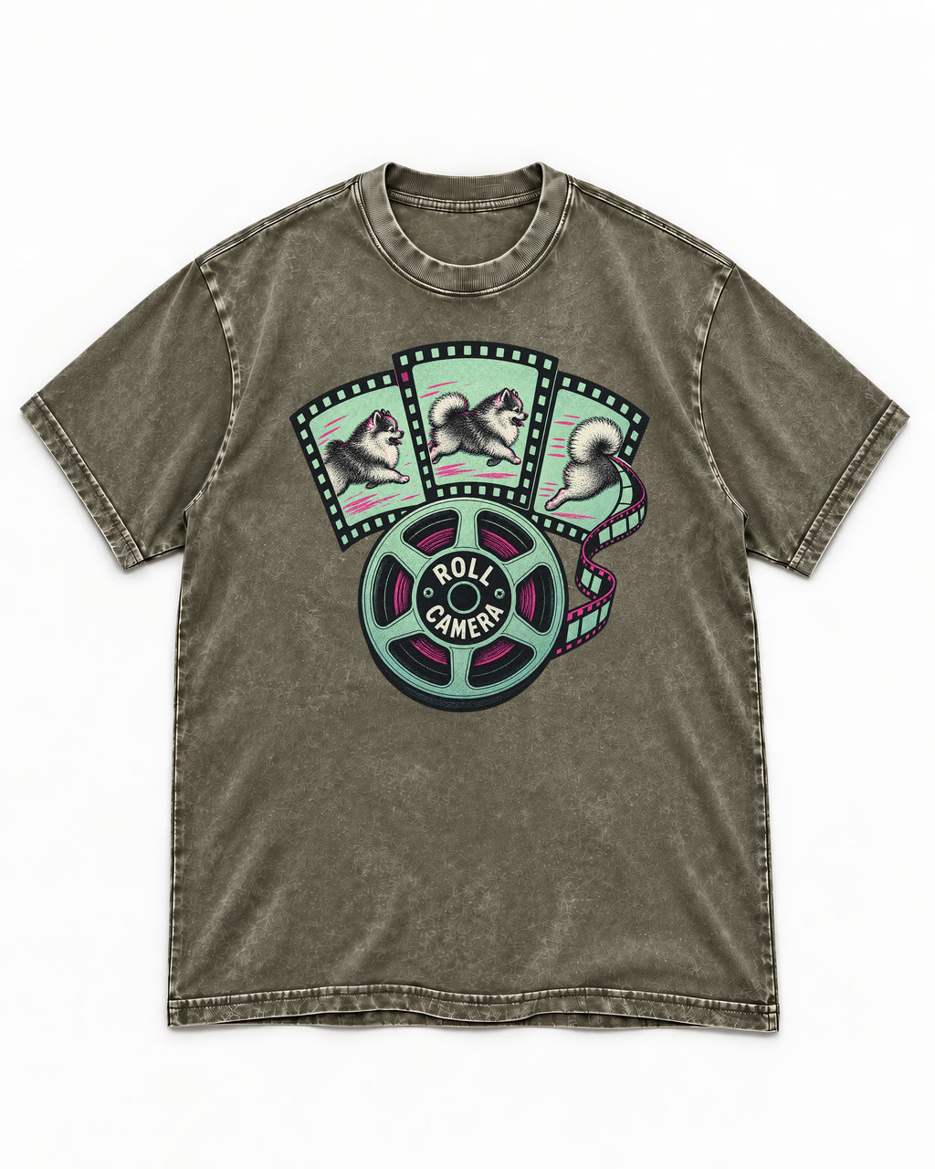 Pomeranian Roll Camera Film Reel Graphic Washed Tee in Army Green, flat lay product photo