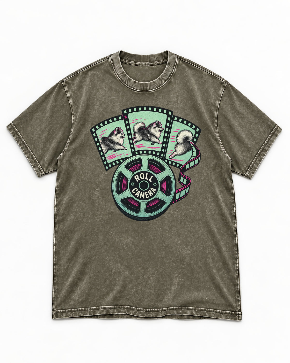 Pomeranian Roll Camera Film Reel Graphic Washed Tee in Army Green, flat lay product photo