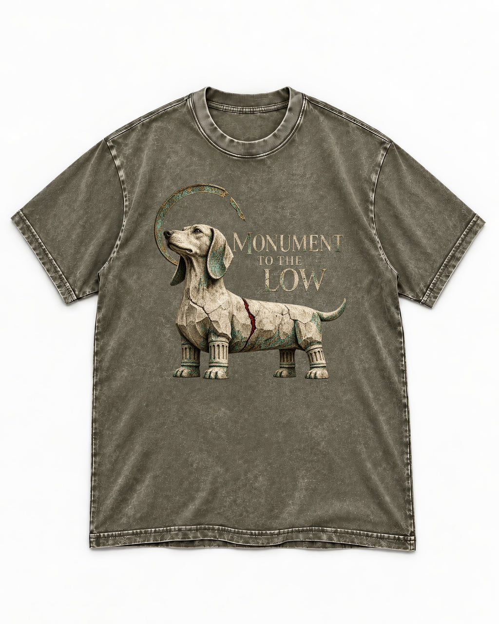 Dachshund Monument to the Low Stone Statue Graphic Washed Tee in Army Green, flat lay product photo