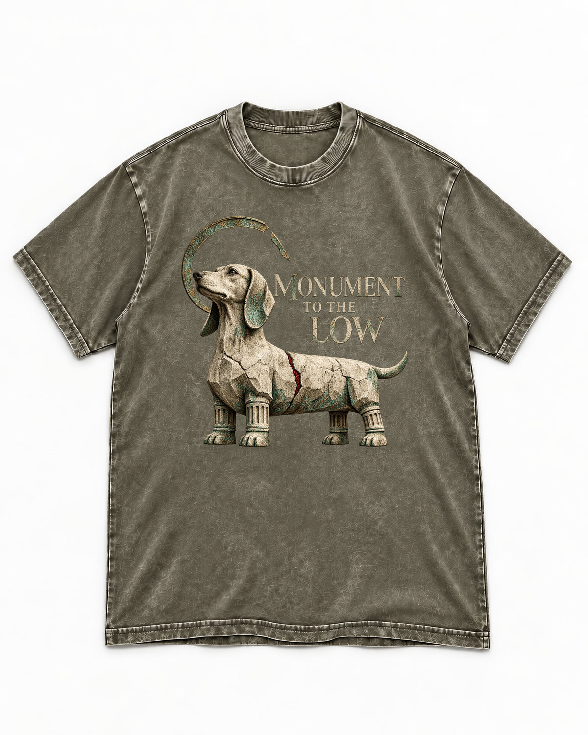 Dachshund Monument to the Low Stone Statue Graphic Washed Tee in Army Green, flat lay product photo