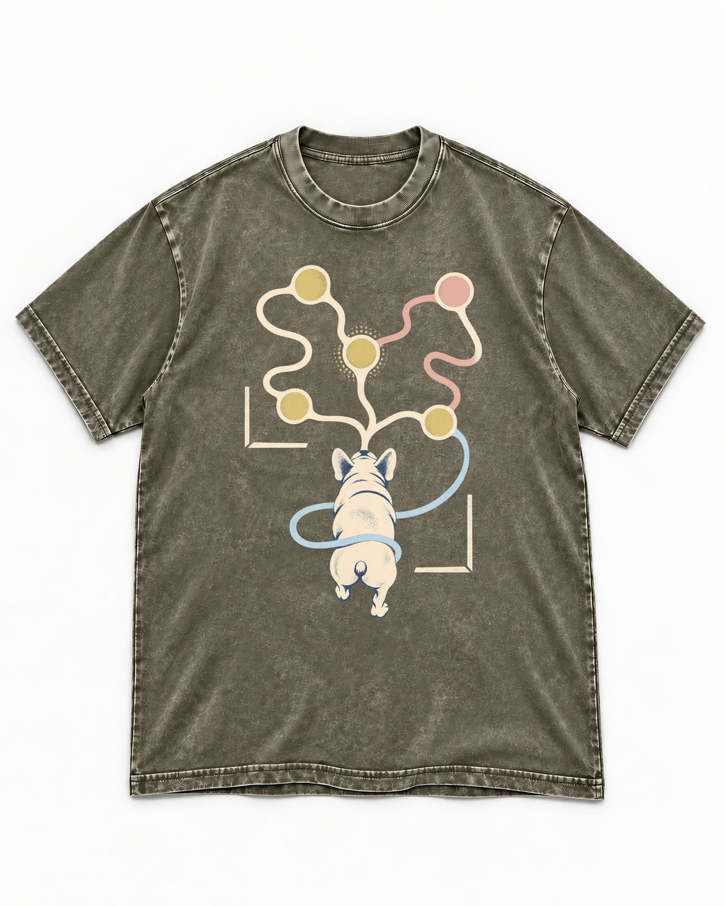 Frenchie Scent Circuit Rear View Graphic Washed Tee in Army Green, flat lay product photo