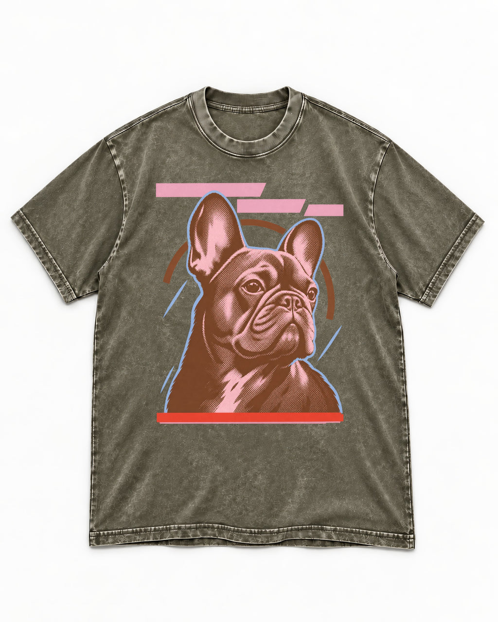 Frenchie Geometric Portrait Graphic Washed Tee in Army Green, flat lay product photo