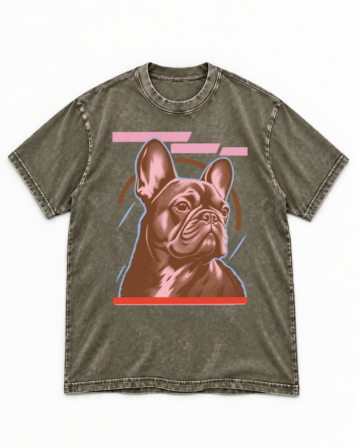 Frenchie Geometric Portrait Graphic Washed Tee in Army Green, flat lay product photo