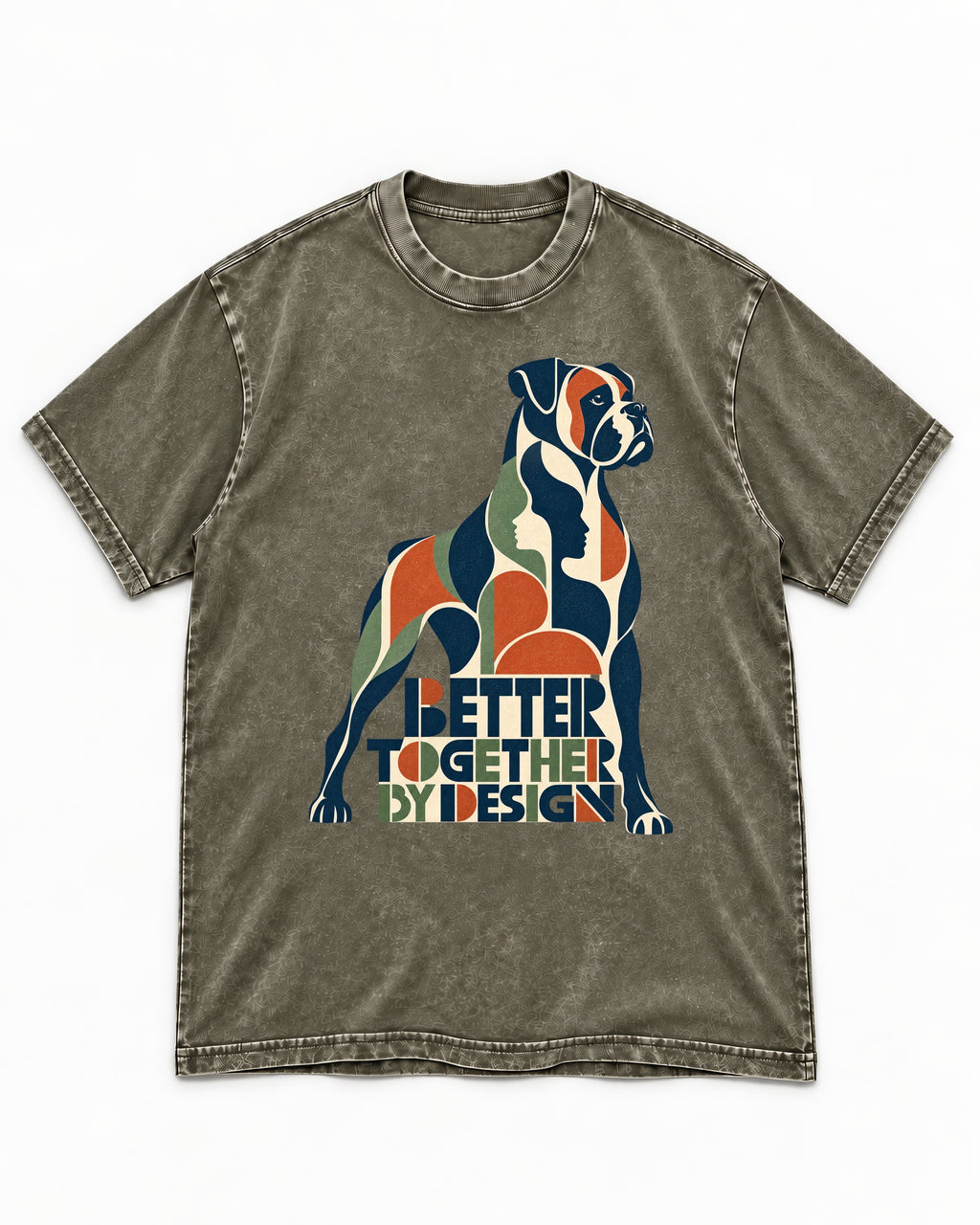Better Together By Design Boxer Geometric Mosaic Washed Tee in Army Green, flat lay product photo