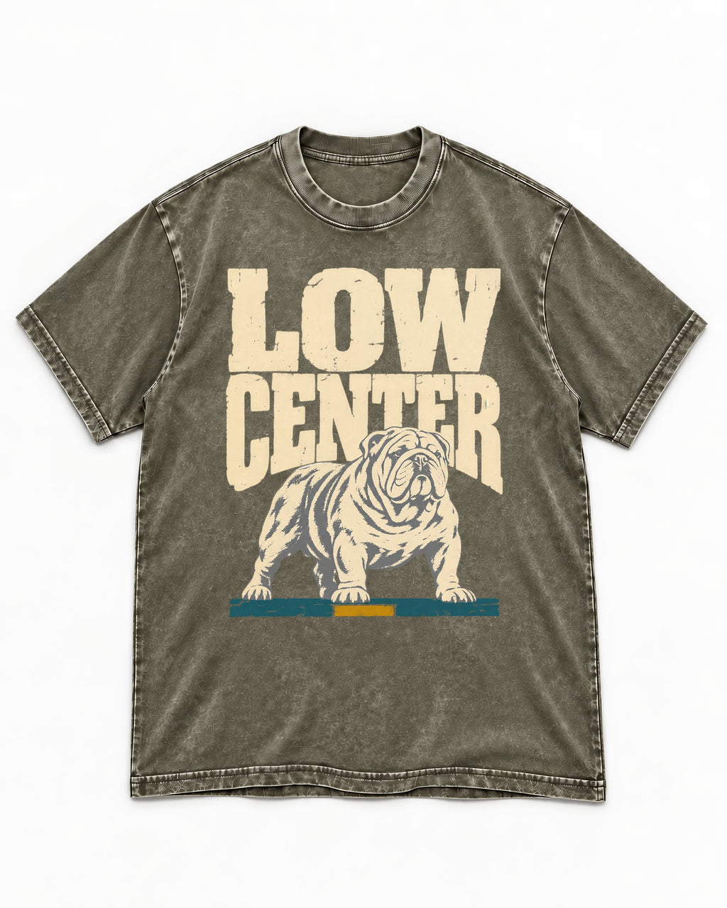 English Bulldog Low Center Stance Graphic Washed Tee in Army Green, flat lay product photo