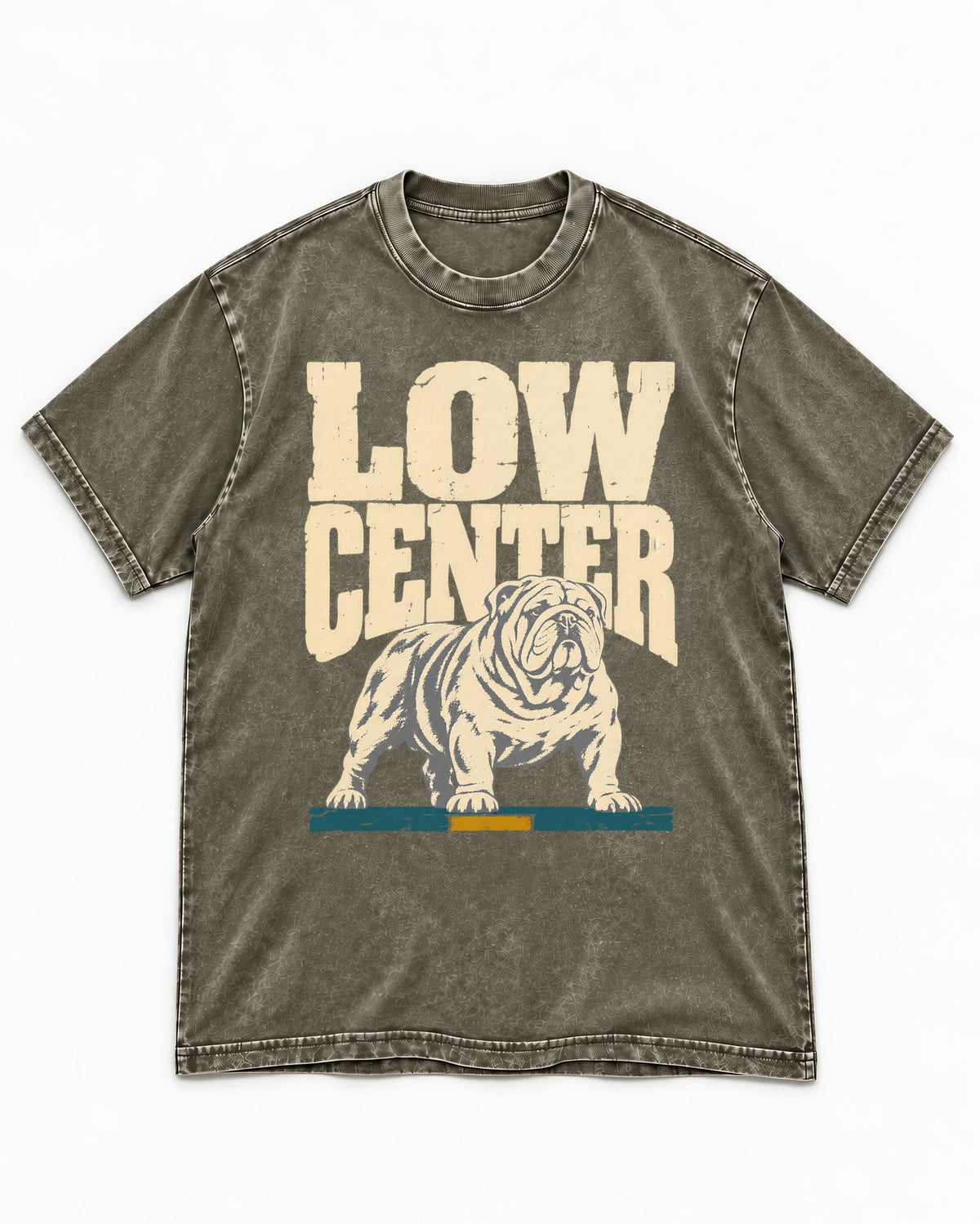 English Bulldog Low Center Stance Graphic Washed Tee in Army Green, flat lay product photo