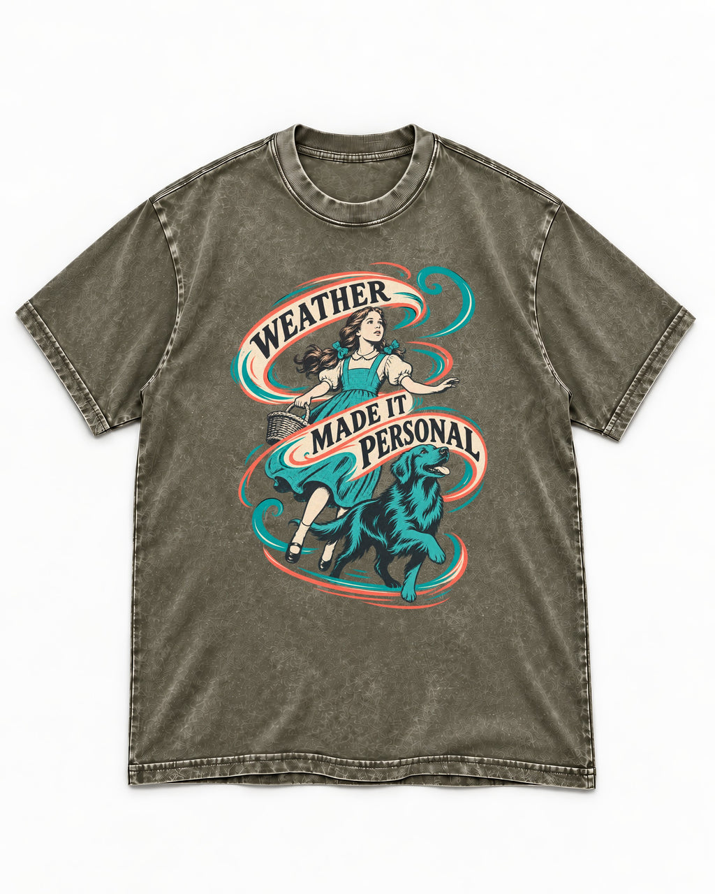 Golden Retriever Weather Made It Personal Woman Graphic Washed Tee in Army Green, flat lay product photo