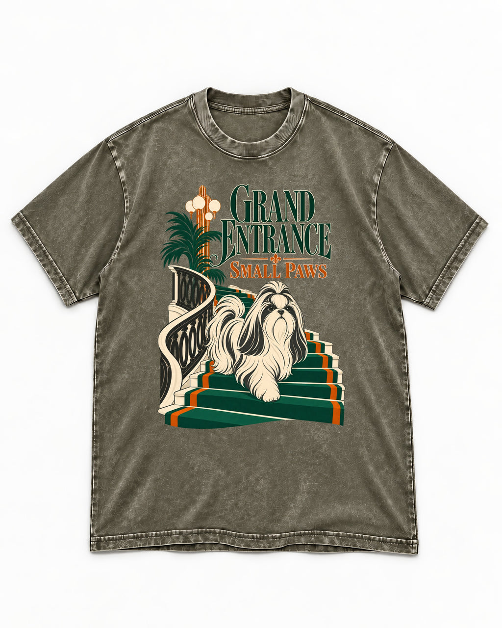 Shih Tzu Grand Entrance Small Paws Staircase Graphic Washed Tee in Army Green, flat lay product photo