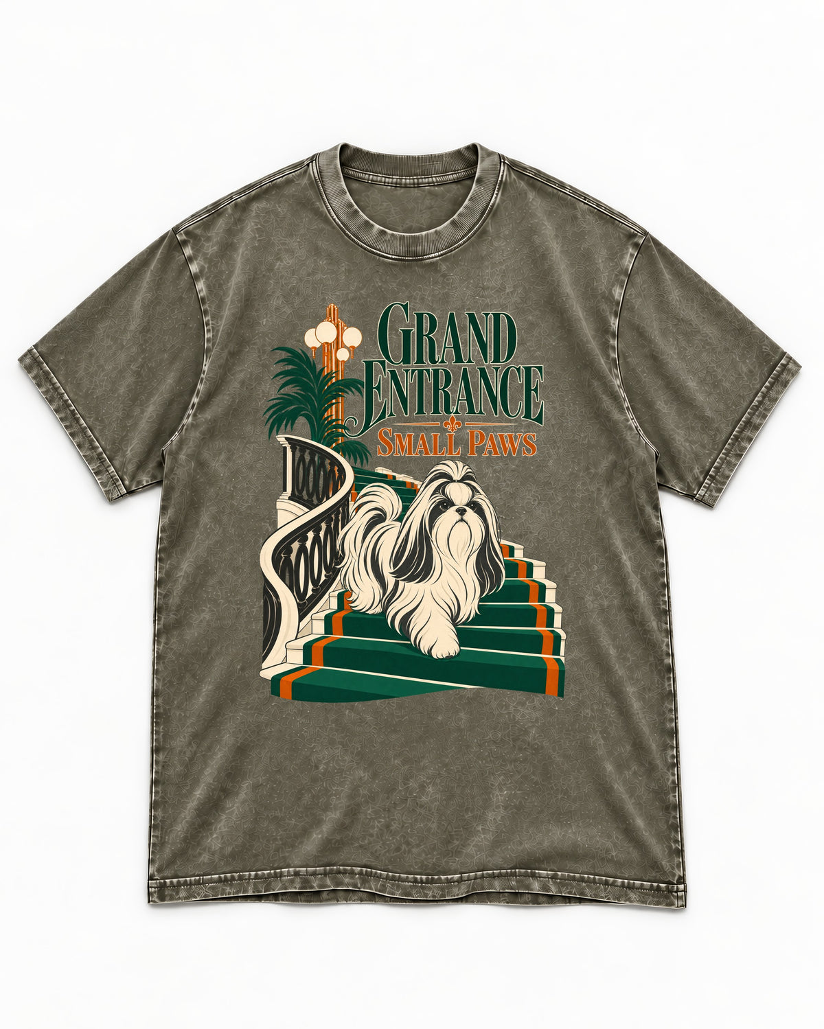 Shih Tzu Grand Entrance Small Paws Staircase Graphic Washed Tee in Army Green, flat lay product photo