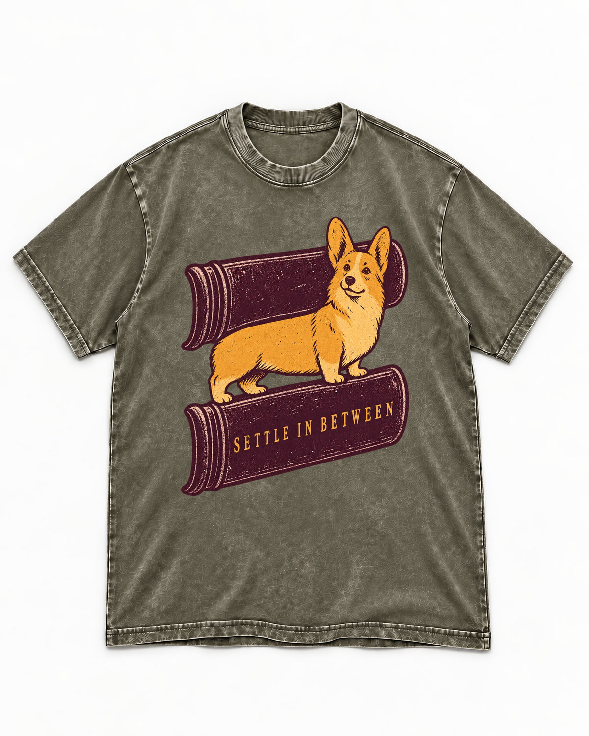Corgi Settle in Between Washed Tee in Army Green, flat lay product photo