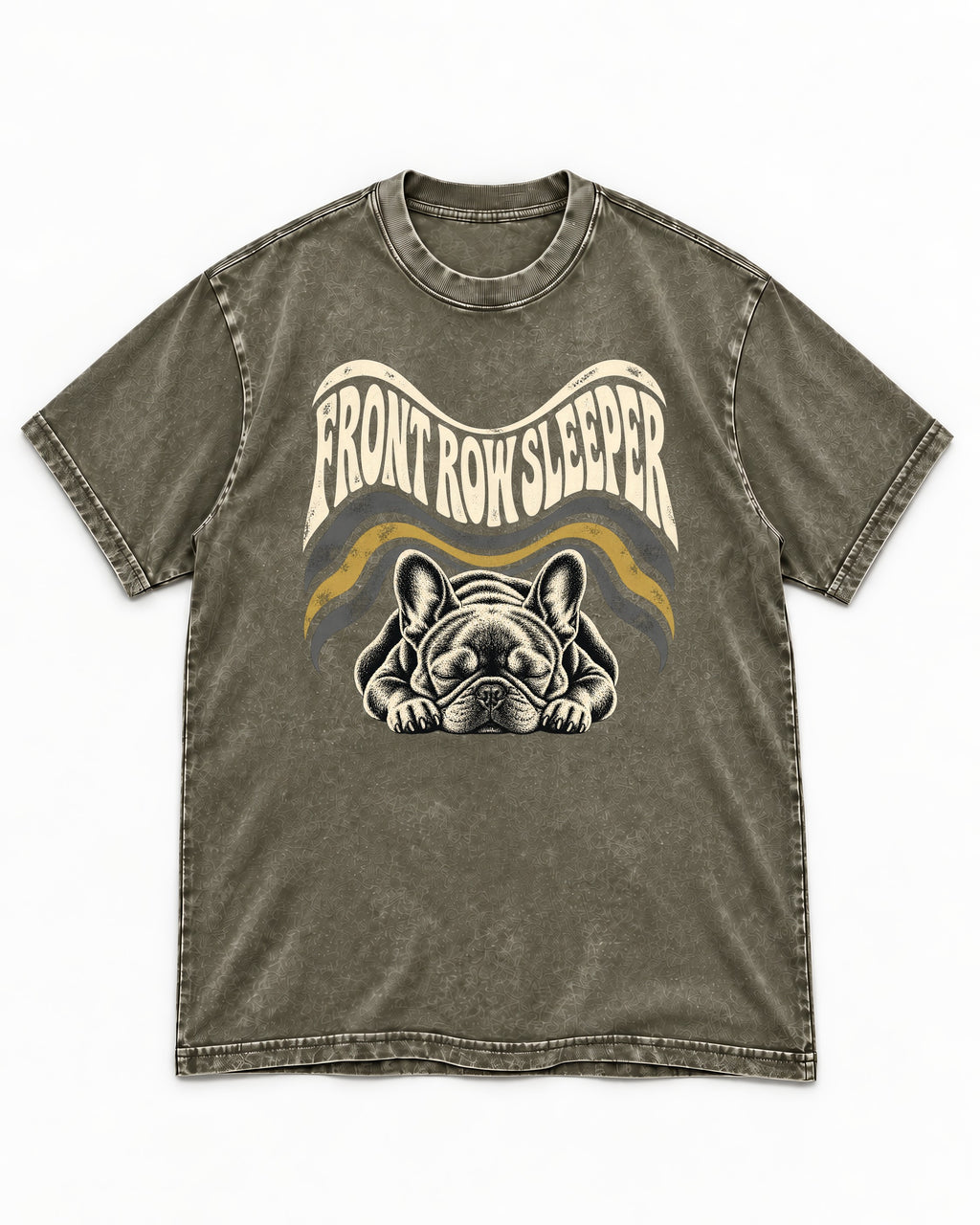 Frenchie Front Row Sleeper Retro Graphic Washed Tee in Army Green, flat lay product photo