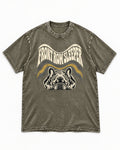 Frenchie Front Row Sleeper Retro Graphic Washed Tee in Army Green, flat lay product photo