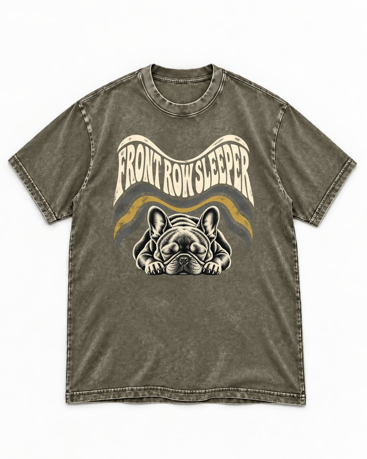 Frenchie Front Row Sleeper Retro Graphic Washed Tee in Army Green, flat lay product photo