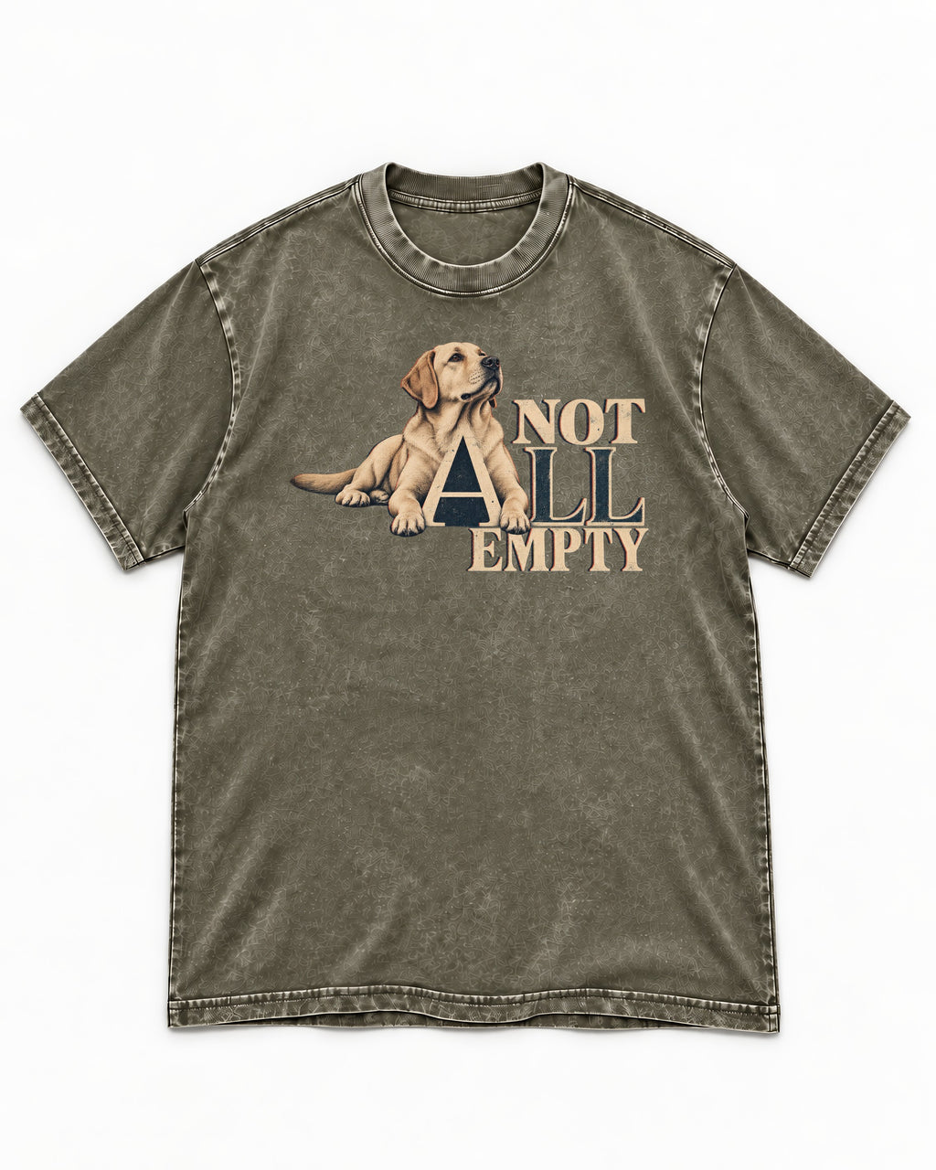 Labrador Retriever Not All Empty Lounging Typography Graphic Washed Tee in Army Green, flat lay product photo