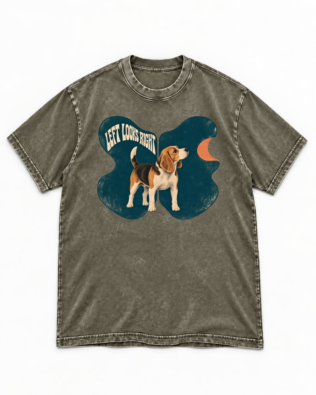 Left Looks Right Beagle Abstract Shapes Washed Tee in Army Green, flat lay product photo