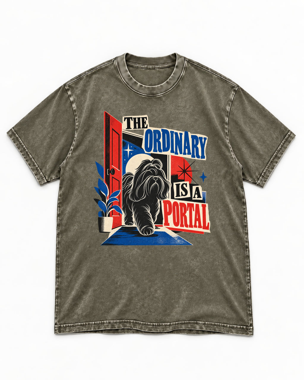 Shih Tzu The Ordinary Is a Portal Door Graphic Washed Tee in Army Green, flat lay product photo