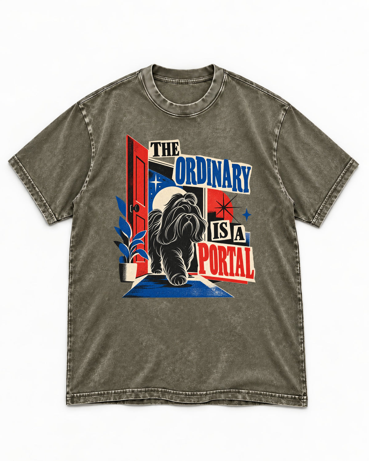 Shih Tzu The Ordinary Is a Portal Door Graphic Washed Tee in Army Green, flat lay product photo