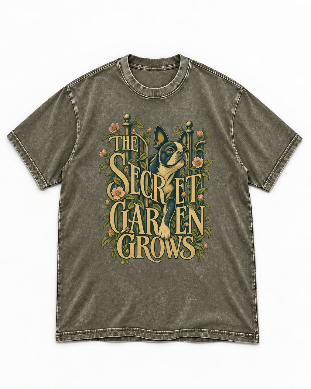 The Secret Garden Grows Boston Terrier Washed Tee in Army Green, flat lay product photo