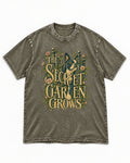 The Secret Garden Grows Boston Terrier Washed Tee in Army Green, flat lay product photo