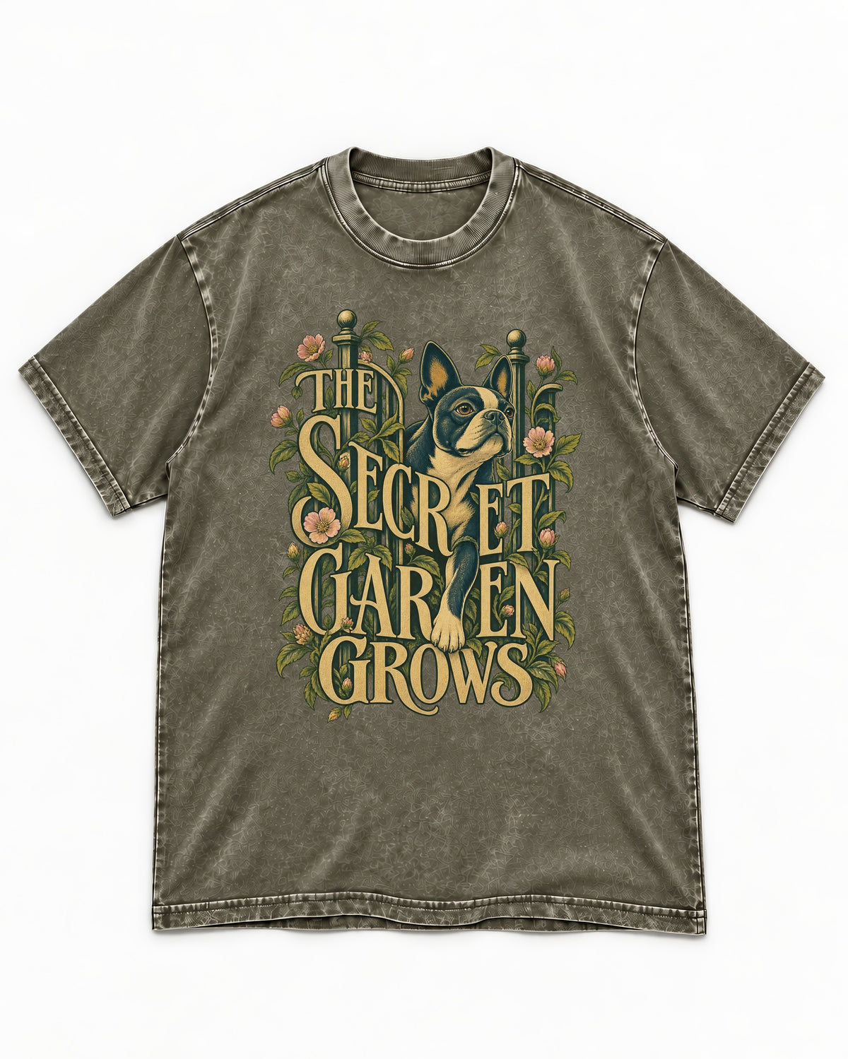 The Secret Garden Grows Boston Terrier Washed Tee in Army Green, flat lay product photo