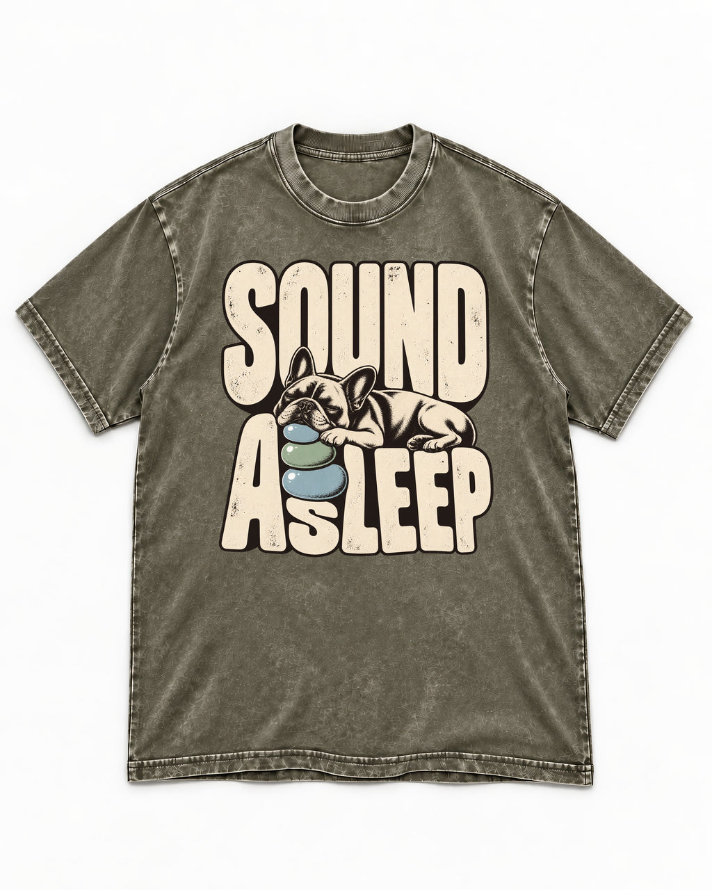 Frenchie Sound Asleep Stone Pillow Graphic Washed Tee in Army Green, flat lay product photo