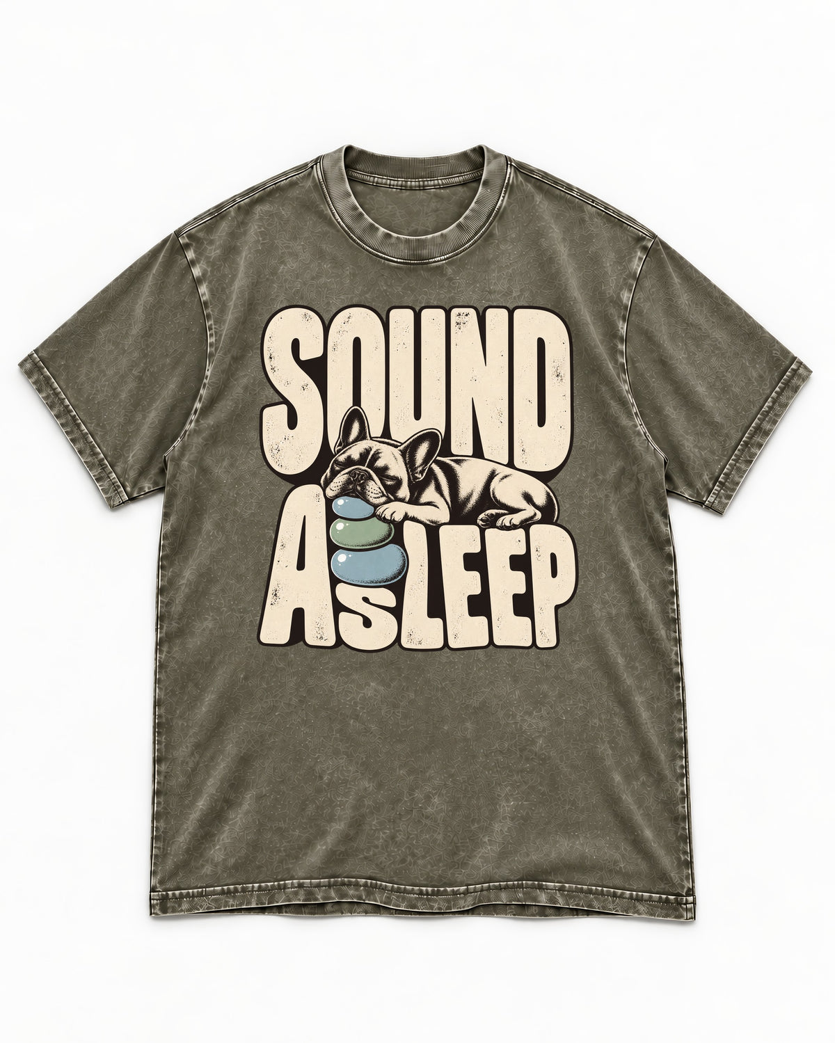 Frenchie Sound Asleep Stone Pillow Graphic Washed Tee in Army Green, flat lay product photo