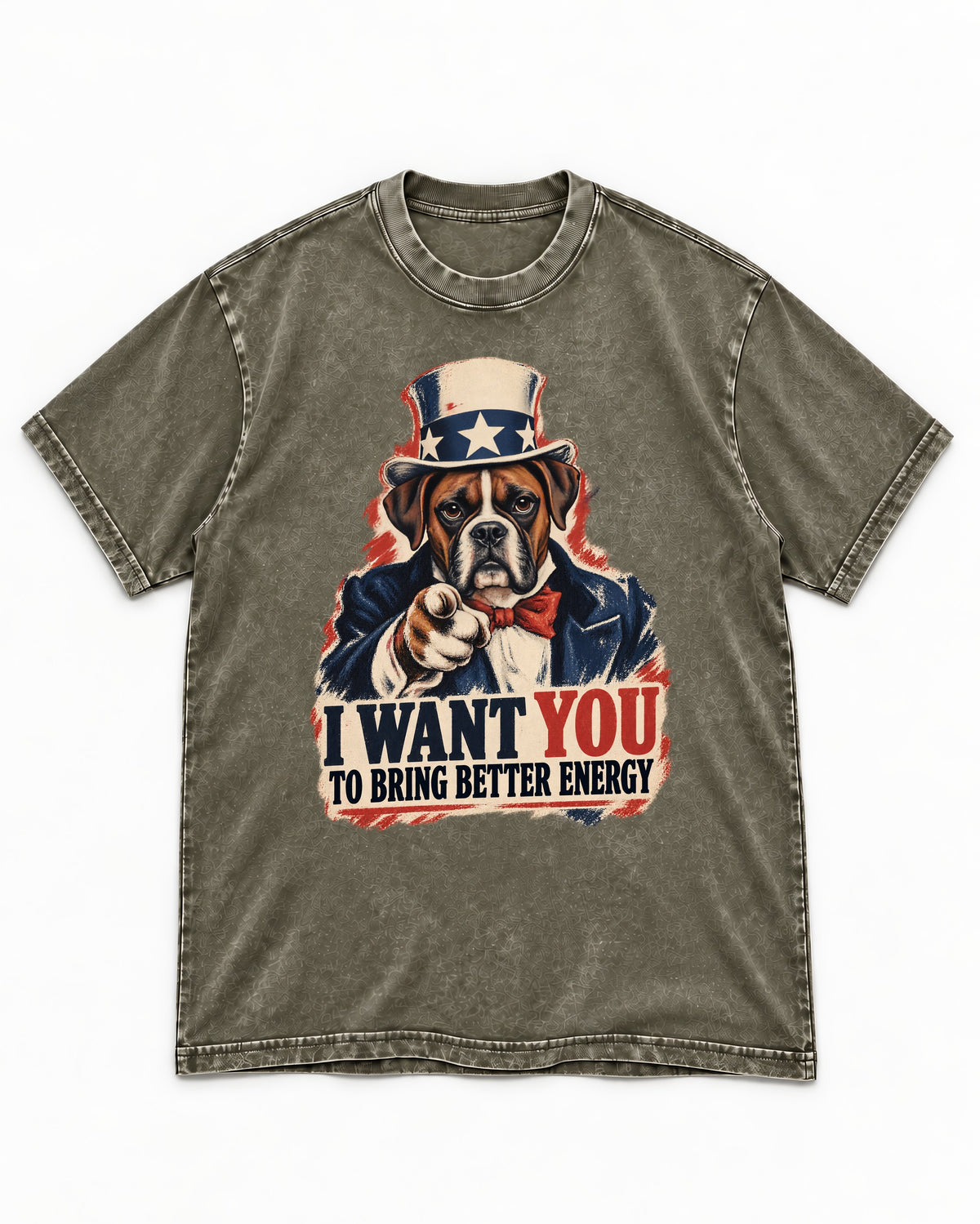 I Want You to Bring Better Energy Boxer Recruitment Poster Graphic Washed Tee in Army Green, flat lay product photo