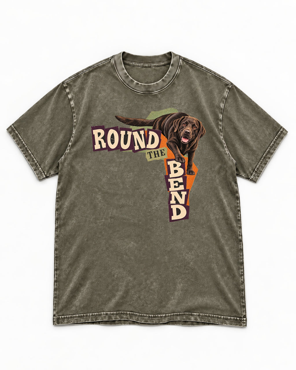 Labrador Retriever Round the Bend Collage Graphic Washed Tee in Army Green, flat lay product photo
