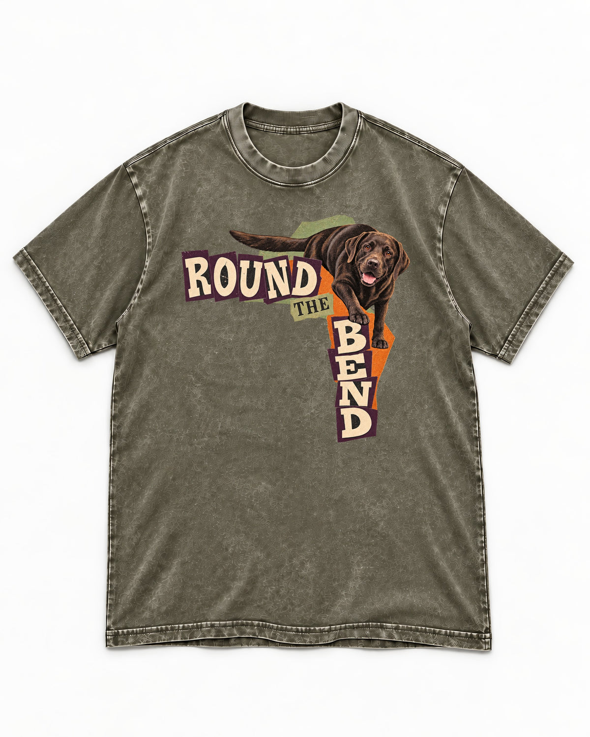 Labrador Retriever Round the Bend Collage Graphic Washed Tee in Army Green, flat lay product photo
