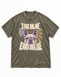 Frenchie Ears Online Audio Signal Graphic Washed Tee in Army Green, flat lay product photo