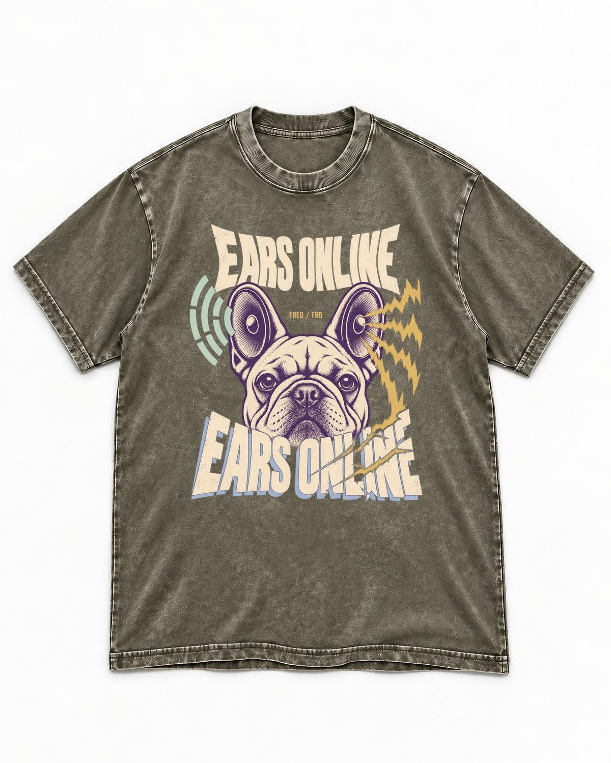 Frenchie Ears Online Audio Signal Graphic Washed Tee in Army Green, flat lay product photo