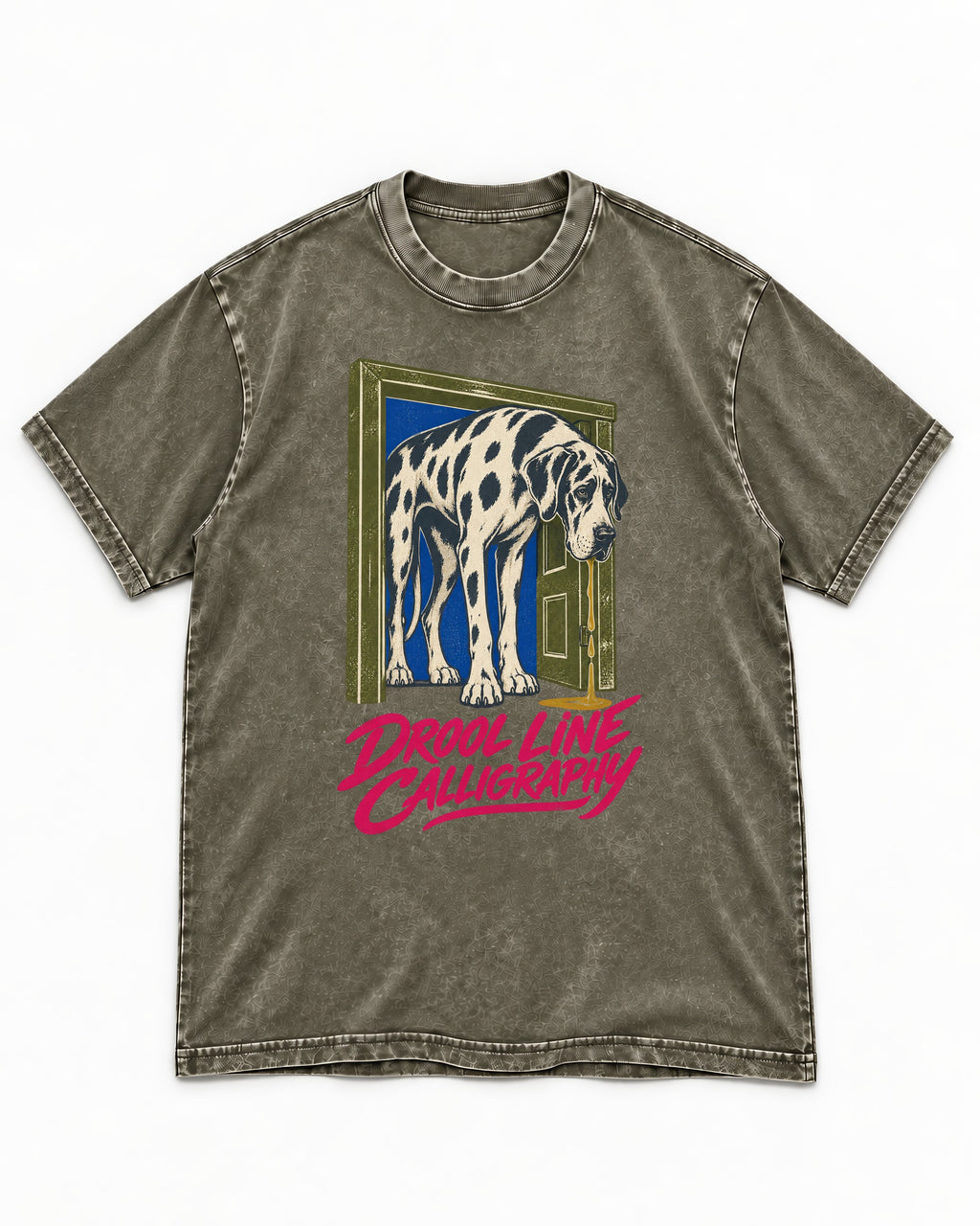 Great Dane Drool Line Calligraphy Doorway Graphic Washed Tee in Army Green, flat lay product photo