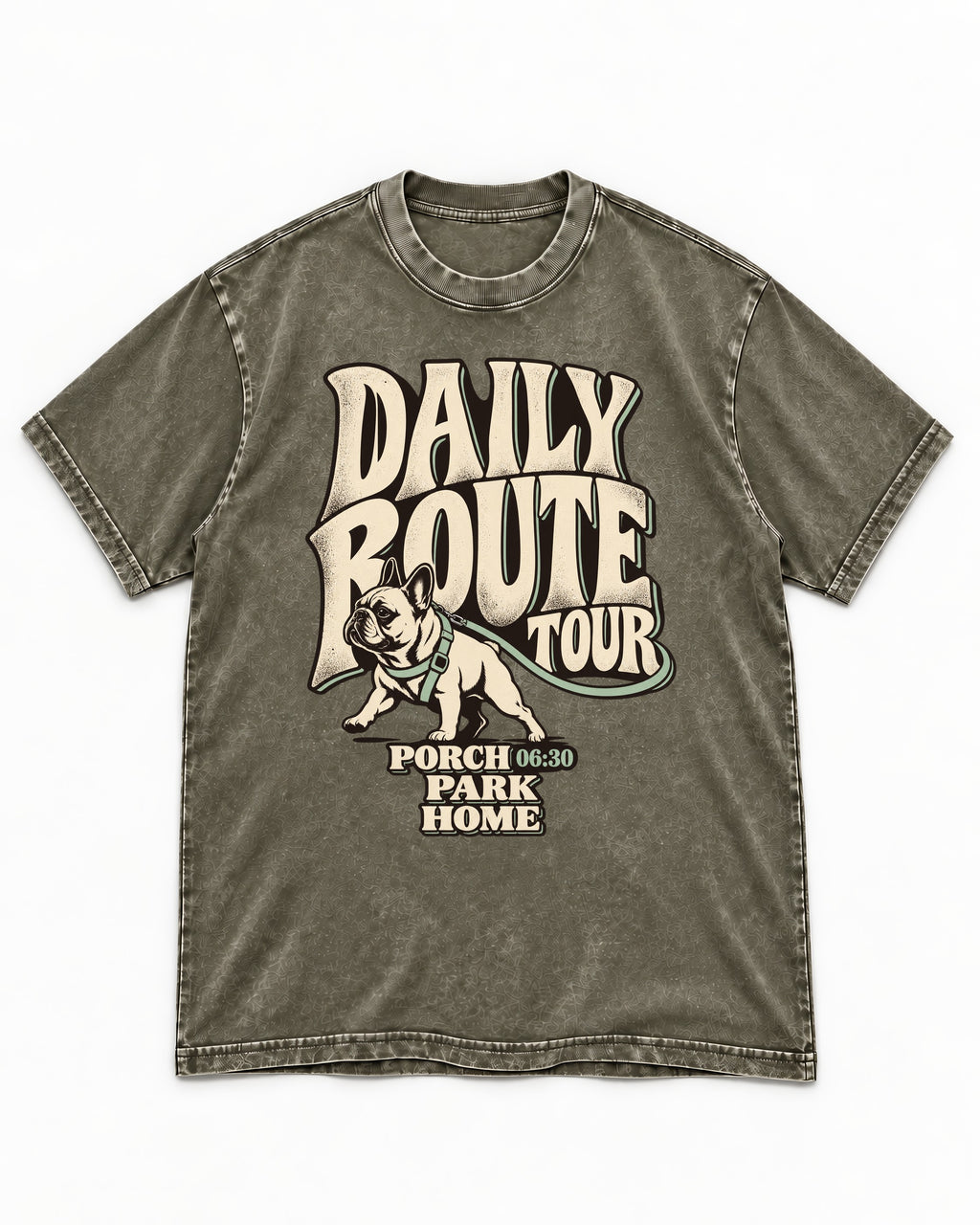 Frenchie Daily Route Tour Graphic Washed Tee in Army Green, flat lay product photo