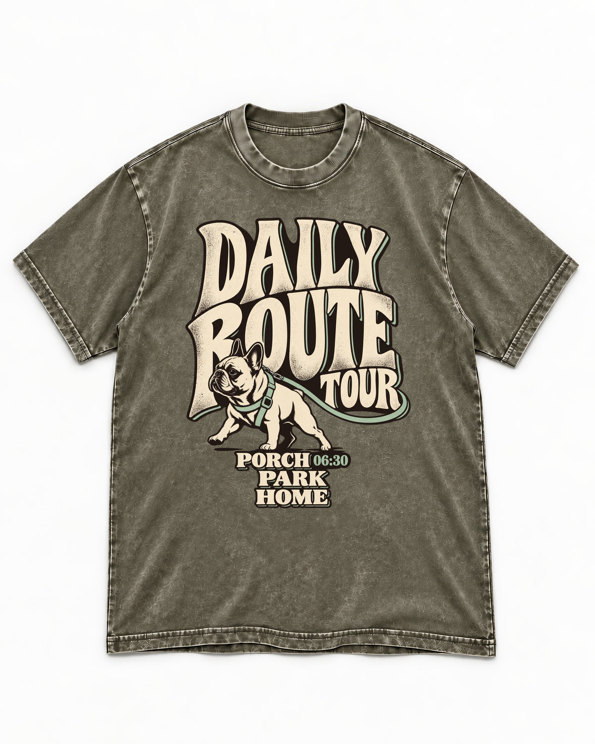 Frenchie Daily Route Tour Graphic Washed Tee in Army Green, flat lay product photo