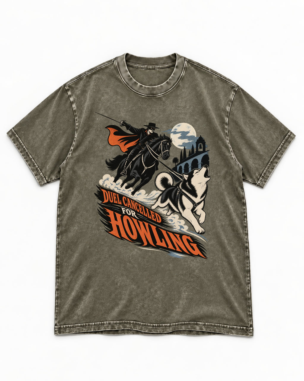 Husky Duel Cancelled for Howling Masked Rider Graphic Washed Tee in Army Green, flat lay product photo