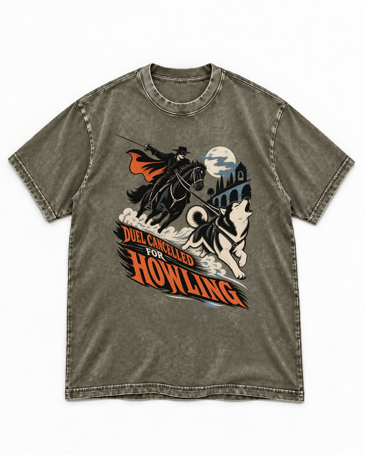 Husky Duel Cancelled for Howling Masked Rider Graphic Washed Tee in Army Green, flat lay product photo