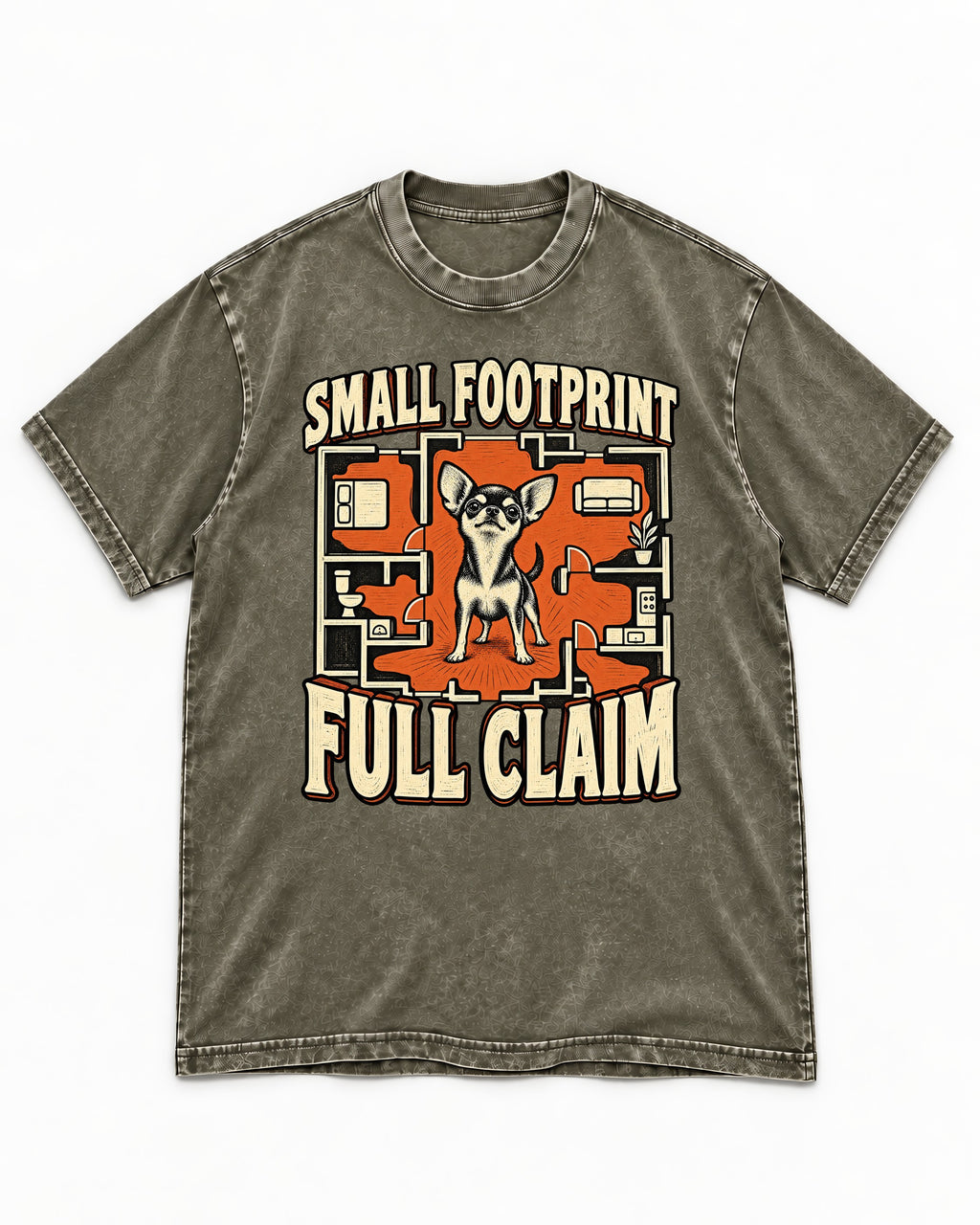 Chihuahua Small Footprint Full Claim Floor Plan Graphic Washed Tee in Army Green, flat lay product photo