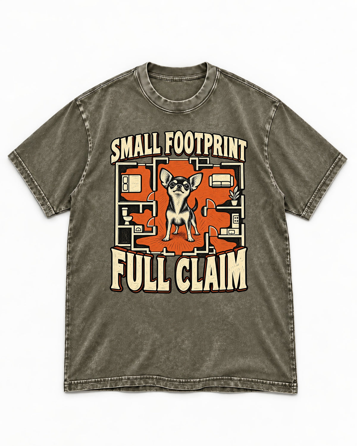 Chihuahua Small Footprint Full Claim Floor Plan Graphic Washed Tee in Army Green, flat lay product photo