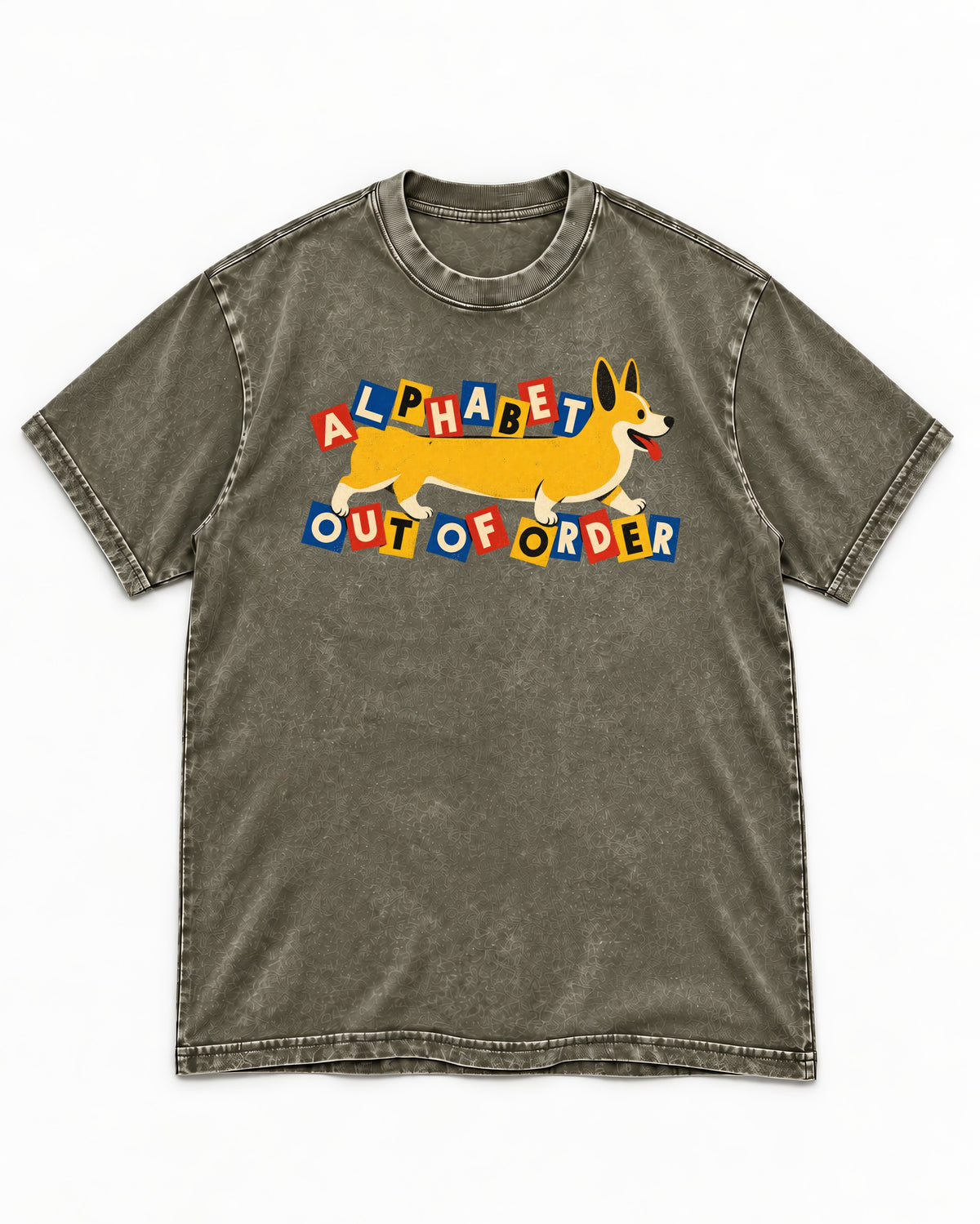 Corgi Alphabet Out of Order Graphic Washed Tee in Army Green, flat lay product photo