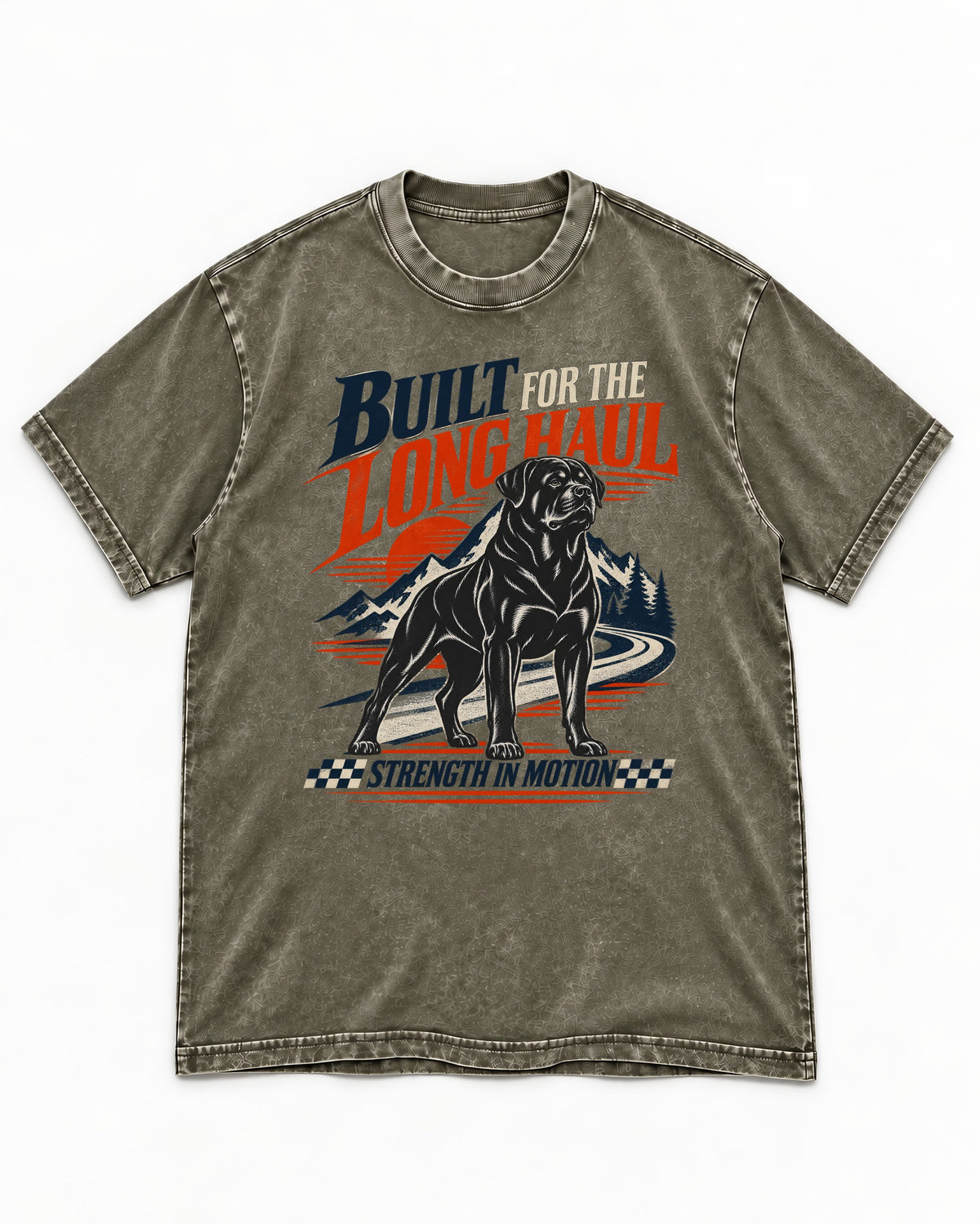 Built for the Long Haul Rottweiler Strength in Motion Washed Tee in Army Green, flat lay product photo