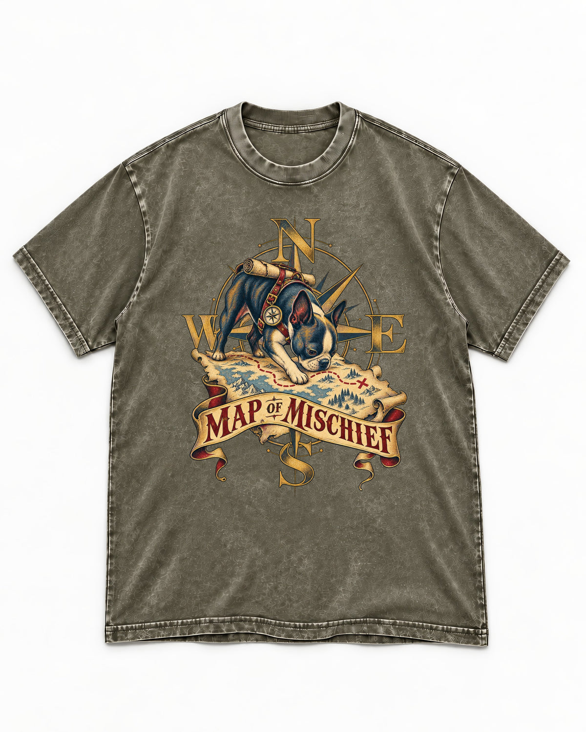 Map of Mischief Boston Terrier Washed Tee in Army Green, flat lay product photo